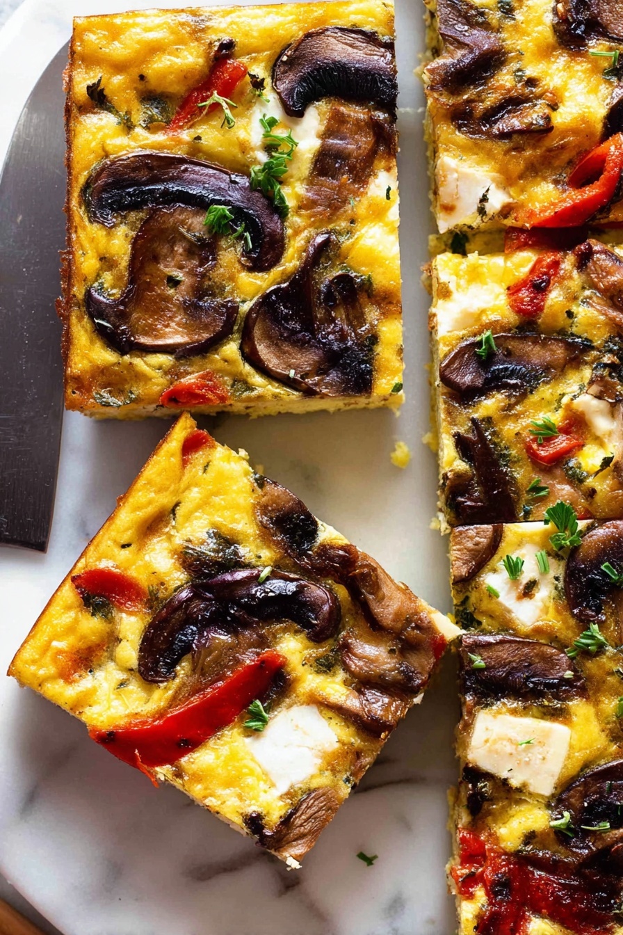 Baked Vegetable Frittata, vegetable frittata, healthy breakfast recipes, brunch ideas, easy egg recipes - The dish is a baked casserole in a white rectangular dish with a golden-brown cheesy top layer. On this top layer, there are several large, dark brown mushroom slices scattered evenly across the surface. Below this, you can see a mix of small browned cubes, slices of light green zucchini, and thin strips of red pepper. The texture shows a slightly crispy edge with soft, melted cheese blending with bits of white cheese chunks mixed throughout. The background is a white marbled surface. photo taken with an iphone --ar 2:3 --v 7