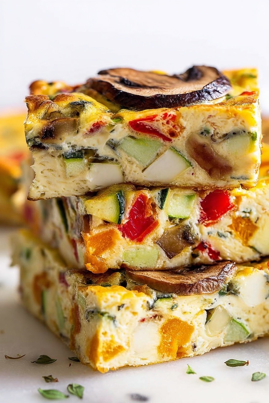 Baked Vegetable Frittata, vegetable frittata, healthy breakfast recipes, brunch ideas, easy egg recipes - A stack of three thick, square slices of frittata is shown up close on a white marbled surface. Each slice is filled with colorful chunks of vegetables like green zucchini, red bell peppers, and orange squash, embedded in a light, creamy egg base. The top slice has a thin, dark brown mushroom slice visible on its upper layer. The edges of the frittata slices have a golden-brown, slightly crispy texture, while the inside looks soft and fluffy. The crust at the bottom is golden and slightly browned, with a slight char on the corner, adding depth to the texture. Small green herb bits are scattered lightly around the stack. photo taken with an iphone --ar 2:3 --v 7
