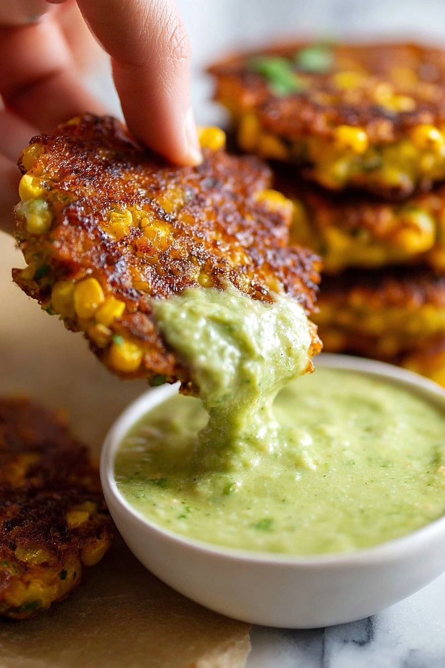 Extra Crispy Corn Fritters, crispy corn fritters recipe, homemade corn fritters, best corn fritters, crunchy corn fritters - A close-up shot shows a woman's hand holding a crispy, golden-brown corn fritter with visible corn kernels and a textured surface. The fritter is being dipped into a white bowl filled with a creamy, light green sauce that has a smooth and slightly chunky texture. In the background, there is a stack of similar fritters, also golden and crispy, placed on a white marbled surface. photo taken with an iphone --ar 2:3 --v 7