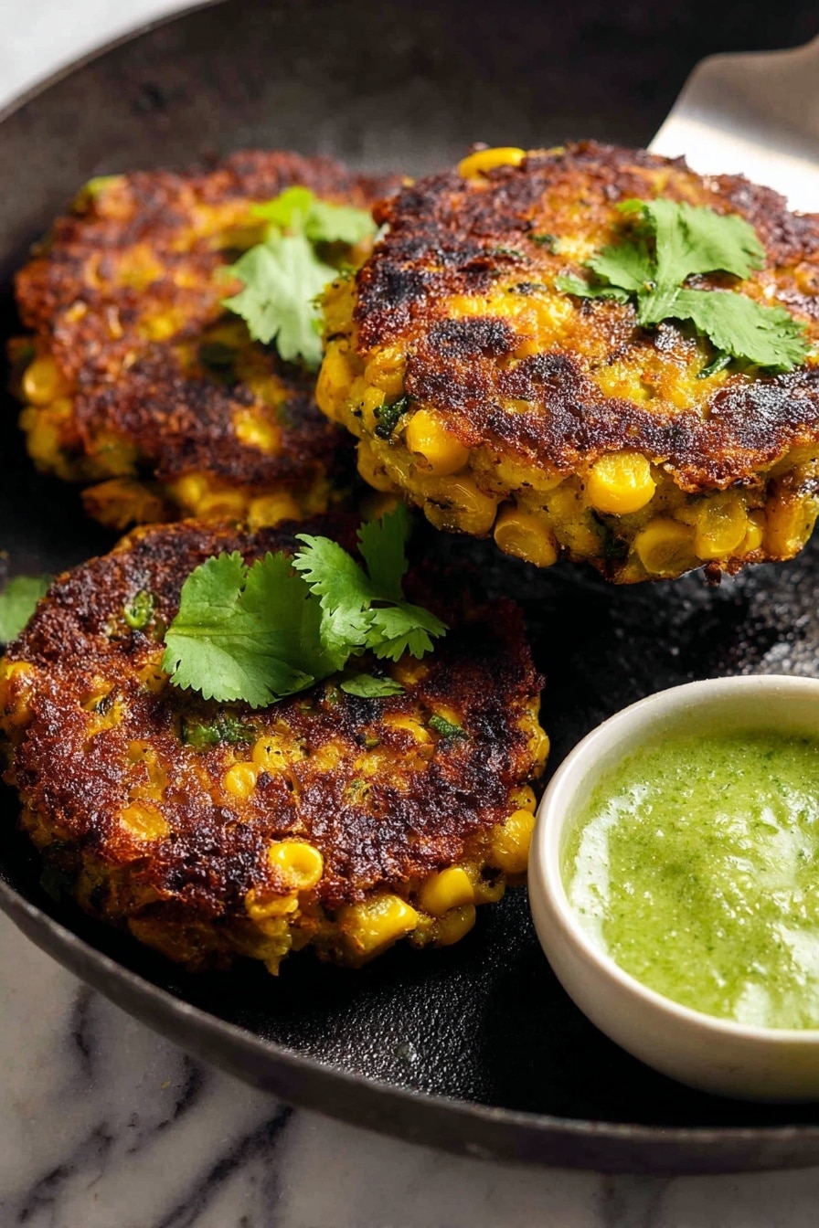 Extra Crispy Corn Fritters, crispy corn fritters recipe, homemade corn fritters, best corn fritters, crunchy corn fritters - Three round corn patties with a crispy, browned surface and visible yellow corn kernels are in a black pan. Some green herbs are scattered on top of the patties, and a sprig of cilantro lies across them. A metal spatula is lifting the front patty slightly. Below the pan, a white bowl holds a thick green sauce. The background is a white marbled texture. photo taken with an iphone --ar 2:3 --v 7