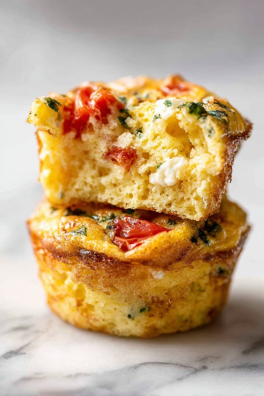 Frittata Egg Muffins, healthy breakfast egg muffins, easy egg muffin recipe, veggie egg muffins, protein-packed breakfast bites - Two small egg muffins are stacked on a white marbled surface. The muffins have a golden brown top with visible pieces of red tomato and green herbs. The inside is yellow and fluffy with a soft texture and is clearly showing an airy, well-cooked structure. The top muffin is broken in half, resting on the whole muffin below it, showing the inside layers with some white bits that look like cheese. The lighting highlights the moist and tender look of both muffins. Photo taken with an iphone --ar 2:3 --v 7