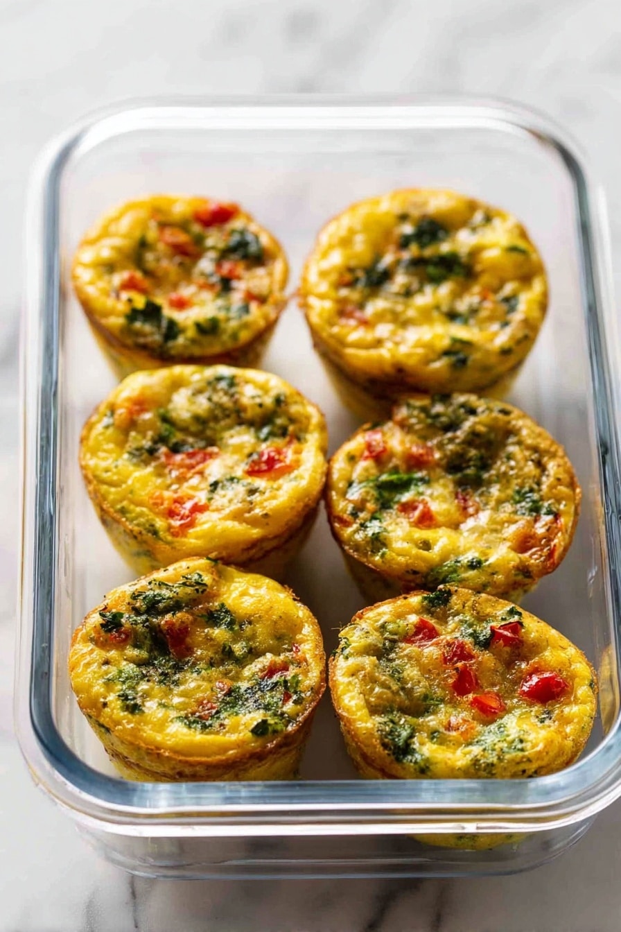Frittata Egg Muffins, healthy breakfast egg muffins, easy egg muffin recipe, veggie egg muffins, protein-packed breakfast bites - There are six small egg muffins in a clear glass rectangular container on a white marbled surface. Each muffin has a golden yellow color with green leafy bits and small red pieces visible throughout. The muffins are slightly browned on the edges and have a textured, uneven top. The glass container is open and shown from a side angle, capturing the close-up details of the muffins’ colorful mix and fluffy texture photo taken with an iphone --ar 2:3 --v 7
