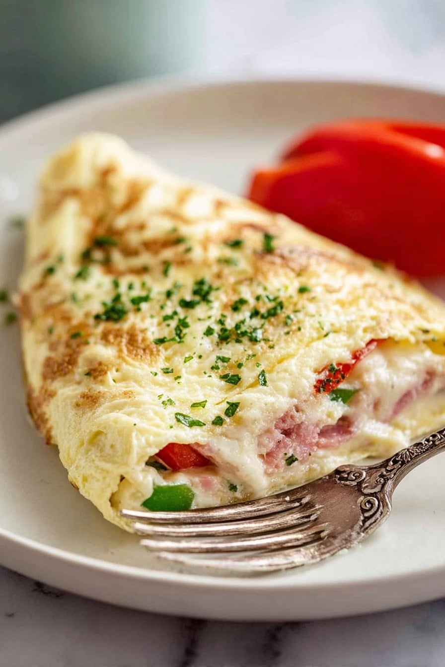 Fluffy Egg White Omelette with Asparagus, Prosciutto, and Pecorino, healthy egg white omelette, asparagus breakfast recipe, prosciutto egg dish, pecorino cheese omelette - The image shows a white folded omelette on a white plate, revealing its inside layers. The outer layer is fluffy and pale yellow, garnished with small green chopped herbs scattered on top. Inside, there are pink slices of ham layered above bright green asparagus pieces, which rest on a light melted cheese layer that looks creamy and smooth. The plate is on a white marbled surface, and a silver fork lies in front of the plate, slightly out of focus. The photo taken with an iphone --ar 2:3 --v 7