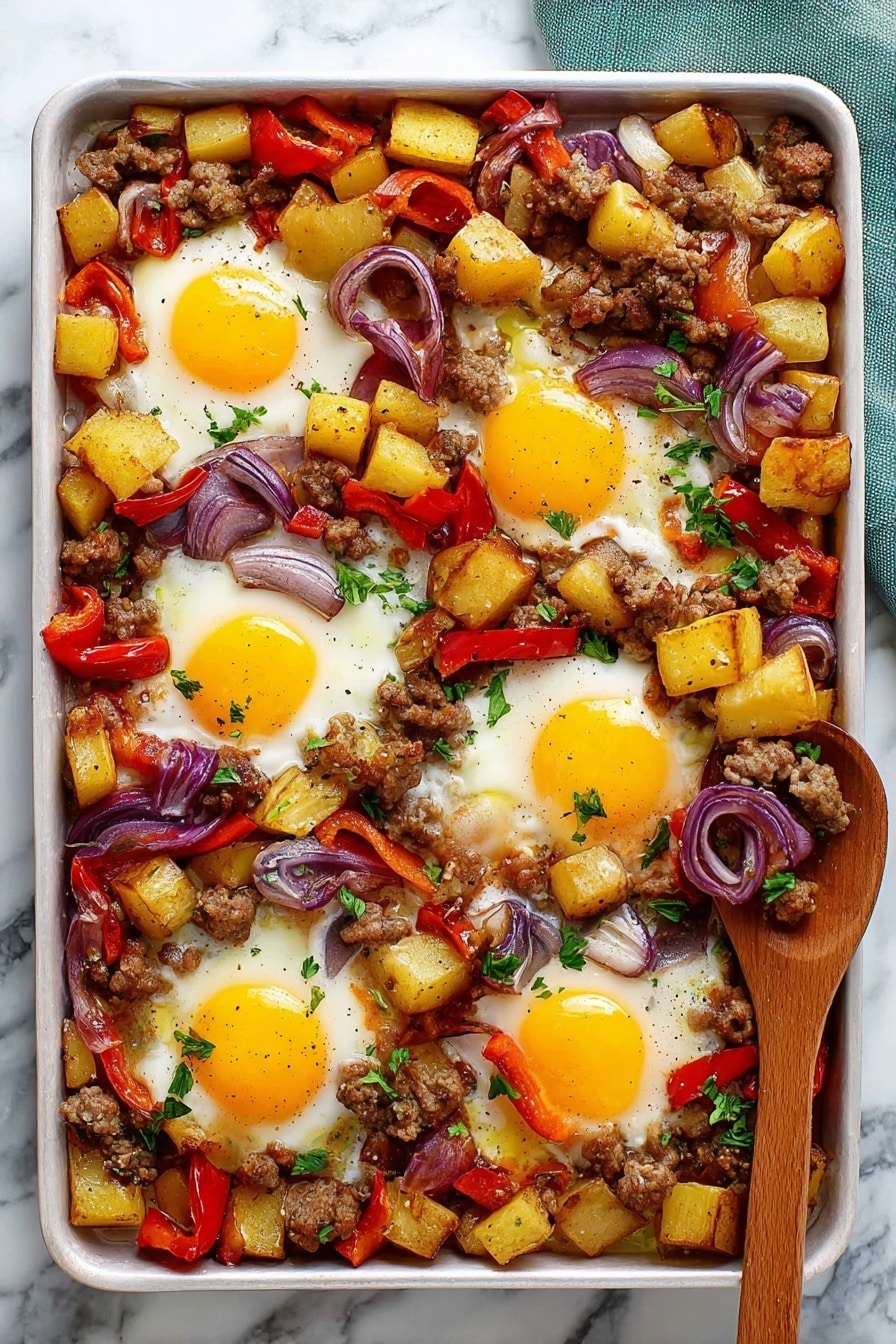Baked Sausage Breakfast Hash, breakfast hash, easy breakfast ideas, baked breakfast recipes, hearty brunch dishes - The dish in a white bowl shows a cooked egg with a bright, runny orange yolk in the center, topped with chopped green herbs. Around the egg are golden brown cubes of cooked potatoes mixed with small pieces of cooked sausage that are browned and slightly crispy, and chunks of red bell pepper. The ingredients are mixed, and some red sauce swirls decorate the inside edge of the bowl. On the side, a piece of toasted bread with melted butter is resting on the edge of the bowl. A silver fork is placed inside the bowl on the right side, and everything is on a white marbled surface with a white cloth nearby. Photo taken with an iphone --ar 2:3 --v 7