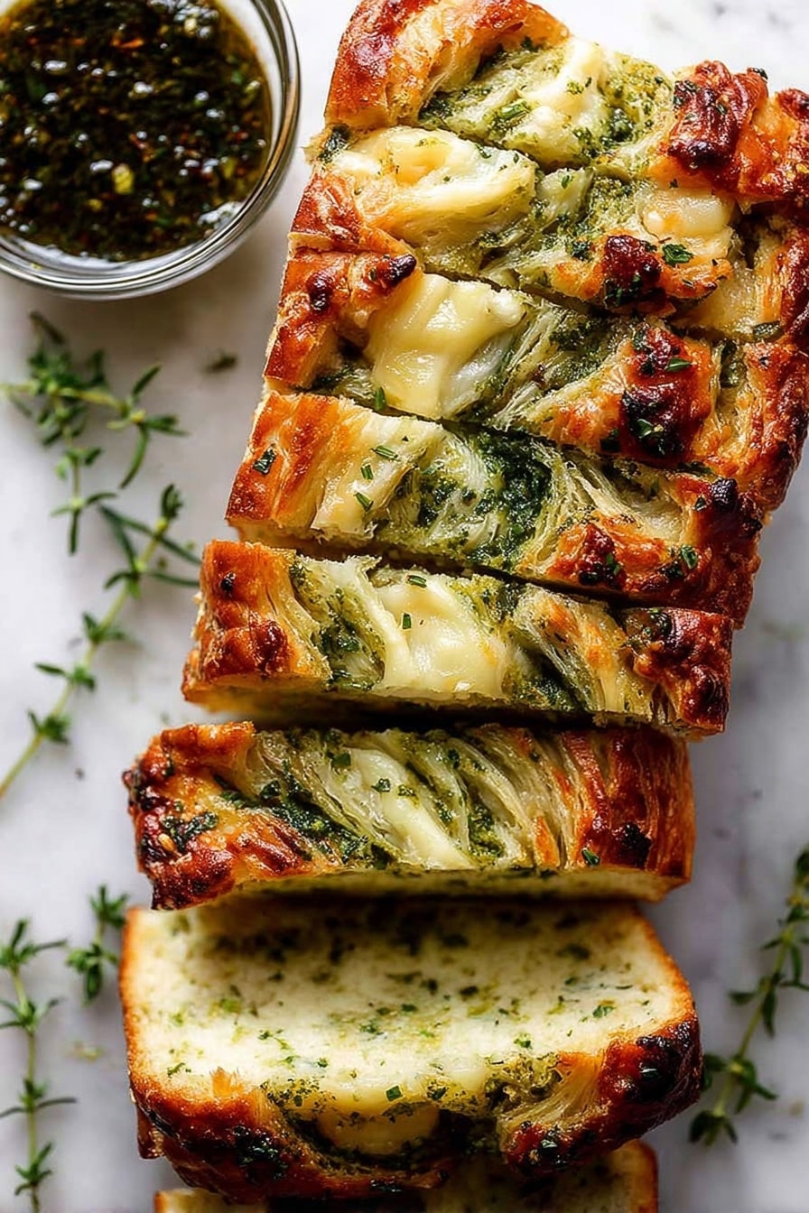 Cheese, Garlic and Herb Quick Bread No Yeast, savory quick bread with cheese and herbs, easy garlic bread without yeast, homemade cheesy herb bread, quick bread recipes - The image shows a thick slice of savory loaf bread with a golden brown crust. Inside, there are two visible layers of green herb filling that run horizontally through the soft, light beige bread. The top of the loaf has a slightly crispy texture with some herbs baked on it. A sprig of fresh rosemary sits on top of the loaf as decoration. To the left, a few more slices of the same bread lean against the main piece. The bread rests on a white marbled surface with a small spoon of green herb sauce and scattered herb leaves nearby. The background is softly blurred in neutral tones. photo taken with an iphone --ar 2:3 --v 7
