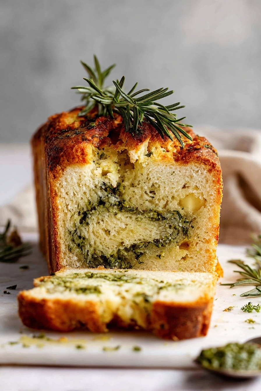 Cheese, Garlic and Herb Quick Bread No Yeast, savory quick bread with cheese and herbs, easy garlic bread without yeast, homemade cheesy herb bread, quick bread recipes - The image shows a freshly baked loaf in a rectangular metal pan lined with white parchment paper. The loaf has a golden brown crust with four long strips of melted cheese on top, alternating with strips of dark green herbs baked into the bread. The surface looks crispy with a mix of smooth cheesy texture and rough herb patches. A small rosemary sprig rests on the bottom part of the loaf for decoration. The background is a white marbled surface with a striped cloth partially visible next to the pan. Photo taken with an iphone --ar 2:3 --v 7