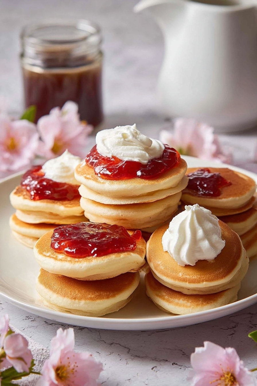 How to Make Fluffy Pikelets with Strawberry Jam and Whipped Cream, fluffy pikelets with strawberry jam, easy pikelet recipe, soft pikelets with toppings, quick breakfast pikelets - The image shows a close-up of a stack of light brown pancakes with a smooth, slightly golden surface and small air holes. A woman's hand is holding one pancake from the top of the stack, with a thick layer of bright red jelly spread on it. On top of the jelly, there is a dollop of white, creamy topping with a soft, fluffy texture. Some jelly drops are dripping down the sides of the pancakes, adding a shiny, sticky look. The background is a white marbled texture. Photo taken with an iphone --ar 2:3 --v 7