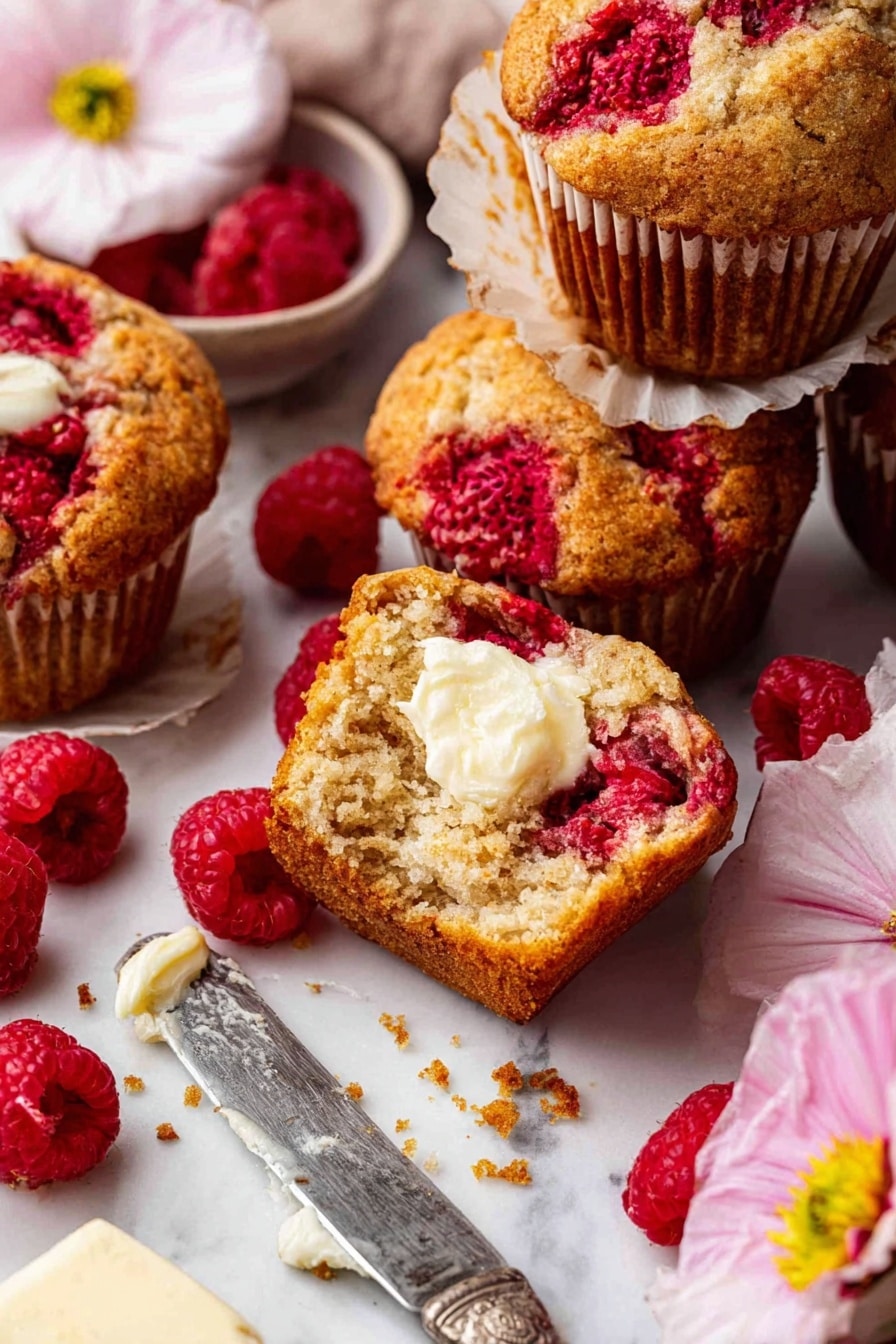 Up-and-Go Breakfast Muffins with Raspberries and Whole Wheat Flour, healthy raspberry breakfast muffins, quick wholesome breakfast recipes, nutritious muffin ideas, raspberry whole wheat muffins - The image shows several golden brown muffins with red raspberries baked inside and on top. One muffin is open in the middle, showing its soft texture with raspberries embedded in the crumb and a bit of creamy butter spread on it. Around the muffins, loose fresh raspberries are scattered on a white marbled surface. There is a vintage silver knife with butter on the blade next to the open muffin. Pink flowers are placed near the muffins, adding a soft touch. The muffins are in white paper liners with some crumbs around them. photo taken with an iphone --ar 2:3 --v 7