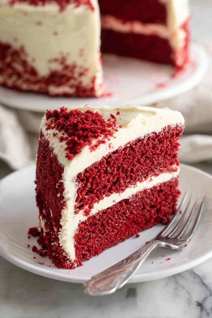 Red Velvet Cake, Red Velvet Cake Recipe, Moist Red Velvet Cake, Classic Red Velvet, Easy Red Velvet Cake - A close-up of a slice of red velvet cake on a white plate, showing two thick red cake layers with a smooth, white cream cheese frosting layer in the middle and covering the outside edges. The top and sides of the slice have bits of red crumbs stuck to the white frosting. In the background, there is the rest of the cake with the same red layers and white frosting. The plate sits on a white marbled surface with a silver fork on the right side. Photo taken with an iphone --ar 2:3 --v 7