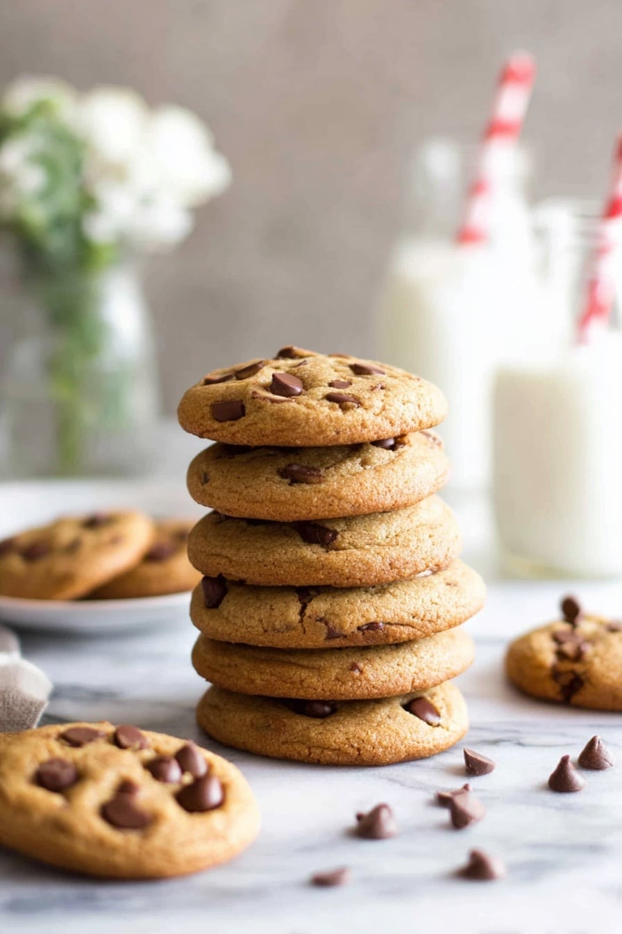 Soft Easy Chocolate Chip Cookies, chocolate chip cookie recipe, chewy cookies, quick cookie recipe, homemade chocolate chip cookies - A stack of five light golden brown chocolate chip cookies with visible melted dark brown chocolate chips spread on each cookie, sitting on a white marbled surface. In the background, there are two more chocolate chip cookies lying flat, slightly blurred, and a clear glass bottle filled with white milk with a red and white striped straw inside. Scattered chocolate chips are also visible on the surface near the stack photo taken with an iphone --ar 2:3 --v 7