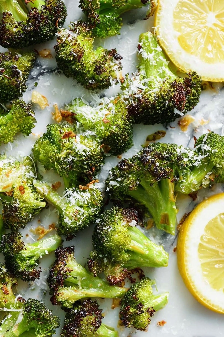 Magic Broccoli, roasted broccoli with garlic and lemon, cheesy broccoli side dish, healthy vegetable side, easy broccoli recipe - A shallow white plate filled with roasted broccoli pieces that have dark green and slightly charred edges, topped with shredded white cheese scattered evenly over the broccoli. In the background, there are two lemon halves and a small white bowl with grated cheese. The whole scene is set on a white marbled surface with a silver fork visible on the right side. Photo taken with an iphone --ar 2:3 --v 7