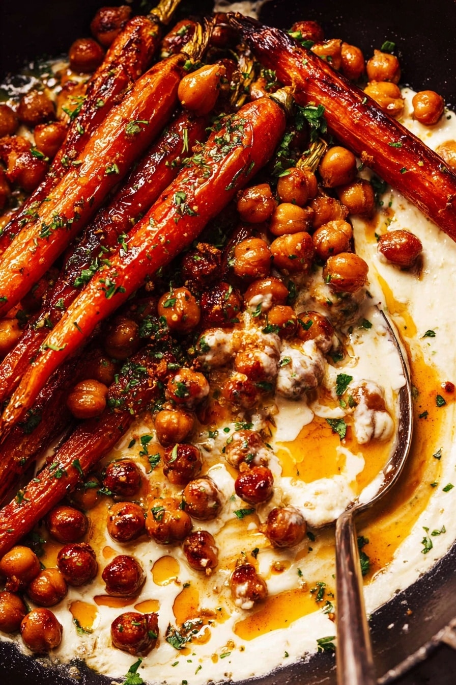 Spicy Maple Roasted Carrots with Crispy Chickpeas and Yogurt Sauce, roasted carrots with spicy maple glaze, healthy roasted vegetable dishes, chickpea appetizer recipes, flavorful veggie side dishes - The dish shows a dark pan filled with a creamy white sauce layer mixed with brown chickpeas sprinkled with green herbs on top. On one side of the pan, there are several shiny roasted carrots with deep orange color and slightly charred tips resting over the creamy sauce. A large metal spoon is scooping a mix of the creamy sauce and chickpeas, showing the smooth texture and some orange oil streaks in the sauce. The herbs add small green spots all over the dish. photo taken with an iphone --ar 2:3 --v 7