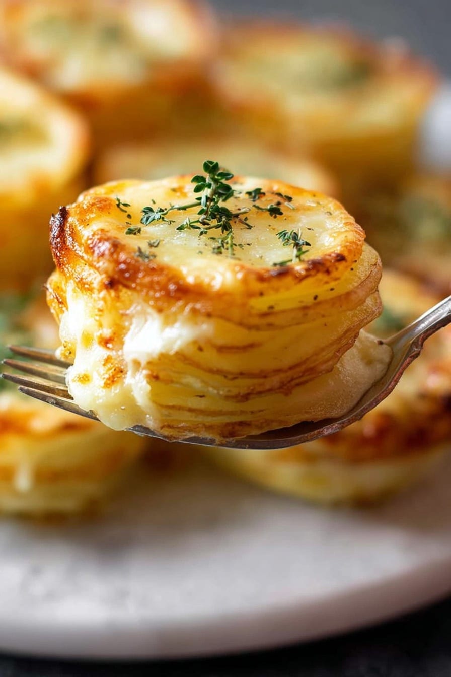 Cheesy Potato Gratín Stacks, potato gratin stacks, cheesy potato side dish, cheesy potato stacks recipe, elegant potato appetizer - The image shows a close-up of round, small golden potato cakes arranged closely together on a dark tray. Each potato cake has three visible layers of thinly sliced potatoes stacked tightly, with a light brown crispy outer edge. The tops are covered with melted golden-yellow cheese, browned slightly on the edges, and sprinkled with small green thyme leaves. The texture of the potatoes looks soft inside with a crunchy crust outside. The close focus and warm lighting highlight the golden tones and fine details of the thyme leaves on top. Photo taken with an iphone --ar 2:3 --v 7