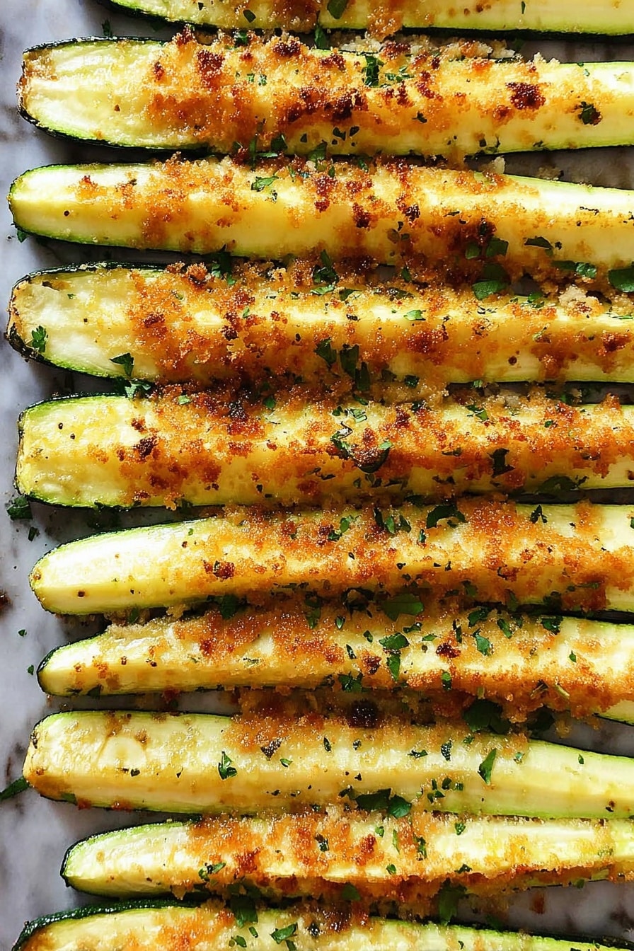Baked Zucchini, Quick and Easy Baked Zucchini, Cheesy Zucchini Side Dish, Crispy Zucchini Recipe, Healthy Zucchini Snack - The image shows a close-up of many long zucchini slices arranged in rows on a baking tray. Each zucchini slice is cut lengthwise and has a light green outer skin with a soft yellow inside. The slices are topped with a golden brown crumbly layer that looks baked and crispy, sprinkled unevenly with tiny green herb pieces. The zucchini edges are slightly browned, showing they are cooked and tender. The tray underneath is metal but placed on a white marbled surface. photo taken with an iphone --ar 2:3 --v 7
