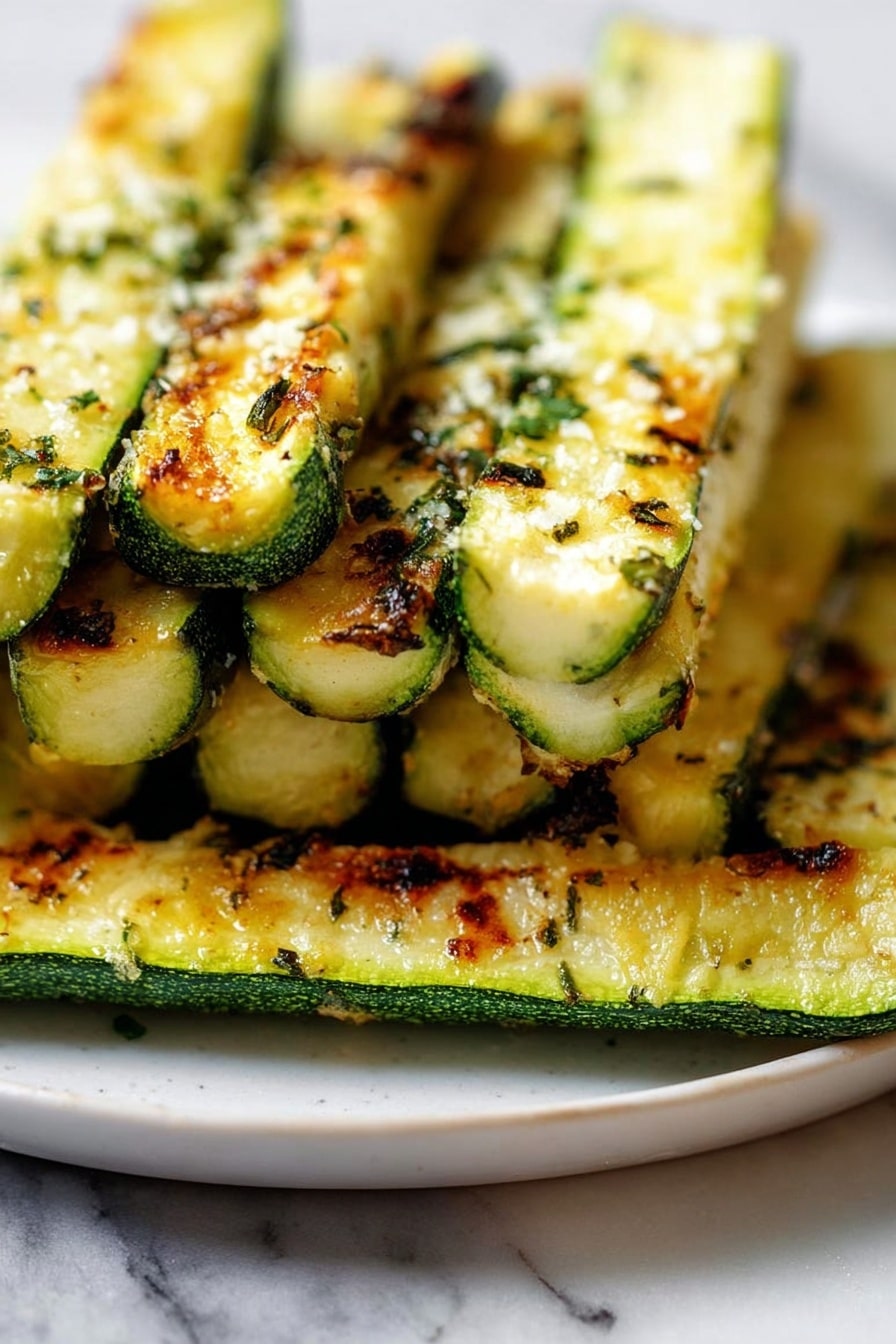 Baked Zucchini, Quick and Easy Baked Zucchini, Cheesy Zucchini Side Dish, Crispy Zucchini Recipe, Healthy Zucchini Snack - The image shows many long, thin slices of zucchini arranged side by side on a baking tray. Each zucchini slice has a light golden brown crust on top, indicating they have been baked or grilled. The edges are slightly charred and the surface is sprinkled with small green herbs and coarse spices. The zucchini flesh is pale green with a soft texture, while the tops have a crispy, textured layer of what looks like breadcrumbs or grated cheese. The background is a white marbled texture. photo taken with an iphone --ar 2:3 --v 7