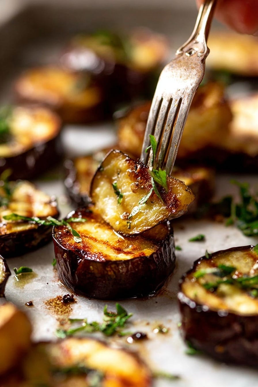 Oven Roasted Eggplant, roasted eggplant, aubergine preparation, healthy eggplant side dish, eggplant recipe - The image shows several small roasted golden brown eggplant cubes with crispy, slightly charred edges and dark purple skin on their sides. The cubes have a shiny, lightly caramelized top layer sprinkled with coarse salt flakes and small green thyme leaves, giving a fresh contrast in color. The eggplant pieces are scattered close together on a white marbled surface, highlighting their rich, warm tones and textured skin. photo taken with an iphone --ar 2:3 --v 7