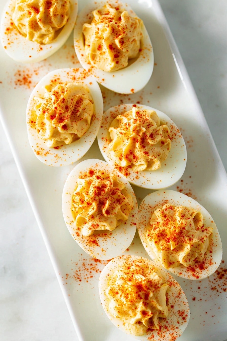 Deviled Eggs Deluxe, deviled eggs with celery and onion, gourmet deviled eggs, spicy deviled eggs, easy deviled eggs recipe - A close-up of a woman's hand with black nail polish holding a half deviled egg topped with a slightly ruffled yellow egg yolk mixture sprinkled with orange-red paprika. Below it, there is a white plate filled with more deviled eggs, each showing the same creamy yolk filling dusted with paprika. The surface underneath is white with a marbled texture, and the background is softly blurred with a wooden pepper grinder and a pink striped cloth visible. photo taken with an iphone --ar 2:3 --v 7