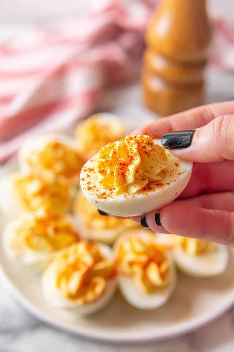Deviled Eggs Deluxe, deviled eggs with celery and onion, gourmet deviled eggs, spicy deviled eggs, easy deviled eggs recipe - The image shows six deviled eggs arranged on a white rectangular plate placed on a white marbled surface. Each egg is cut in half horizontally, revealing a smooth white outer layer and a creamy, light yellow filling inside. The filling is swirled and fluffy, with a slightly textured surface. All egg halves are sprinkled with a thin layer of reddish-orange paprika powder, which is also scattered lightly on the plate. The overall look is clean and bright with a soft focus on the eggs, making them appear fresh and appetizing. photo taken with an iphone --ar 2:3 --v 7