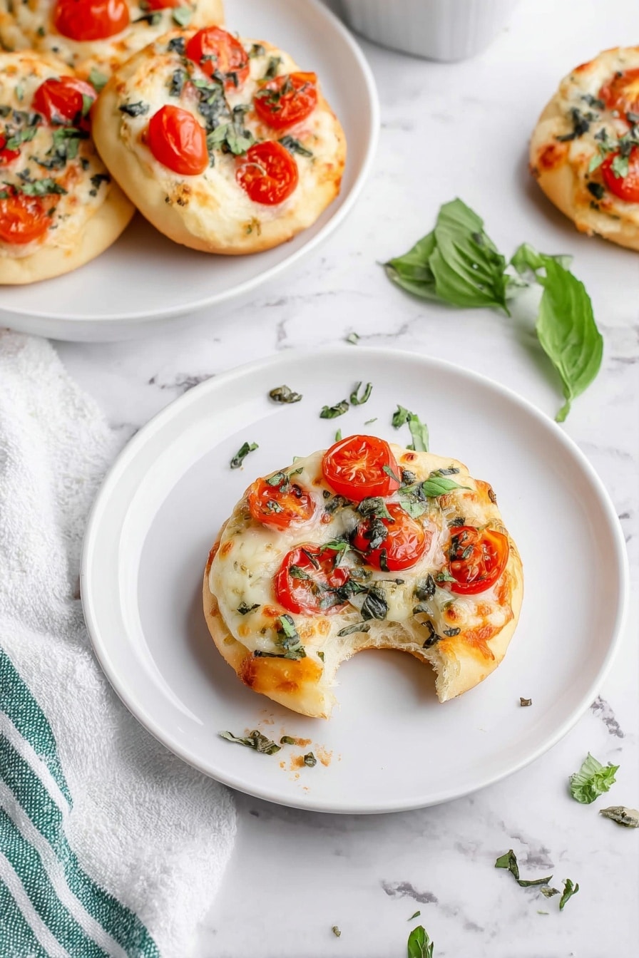 Gorgonzola, Tomato, and Basil Pizzette, easy Gorgonzola pizza bites, quick savory appetizer recipes, homemade mini pizzettes, flavor-packed snack ideas - The image shows small round mini pizzas on two white plates. Each mini pizza has a pale golden crust as the bottom layer, melted white cheese with a slightly browned texture as the second layer, bright red cherry tomato pieces scattered on top as the third layer, and fresh green basil leaves sprinkled over everything as the final layer. One mini pizza on the front plate has a bite taken out, showing the soft, airy inside of the crust. The plates rest on a white marbled surface, with some basil leaves scattered around and a green-striped cloth nearby. Photo taken with an iphone --ar 2:3 --v 7