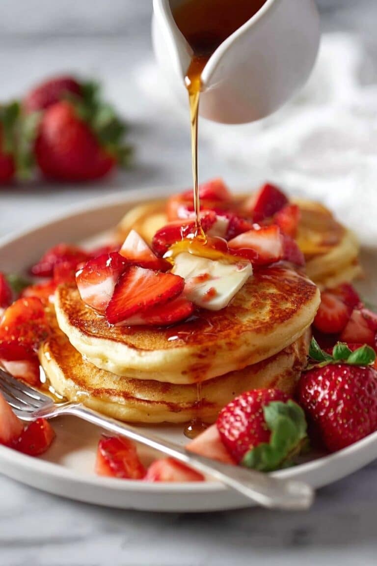 Fluffy Ricotta Pancakes with Strawberries and Maple Syrup Recipe