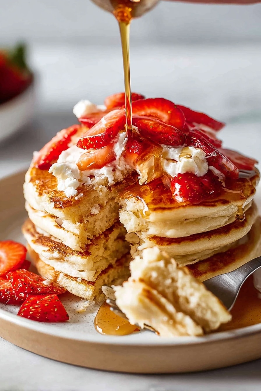 Fluffy Ricotta Pancakes with Strawberries and Maple Syrup, ricotta pancake recipe, easy breakfast recipes, fluffy pancake ideas, strawberry breakfast recipes - The image shows three golden brown pancakes cooking in a black pan. The pancakes are round and thick with smooth tops and slightly darker edges that look crisp. The surface of the pan has small oil bubbles around the pancakes, adding a light shine. The pancakes are placed close together, filling the pan well. The texture of the pancakes looks soft on top with a little fluffiness. The scene has a cozy, warm feeling as the pancakes cook evenly. photo taken with an iphone --ar 2:3 --v 7