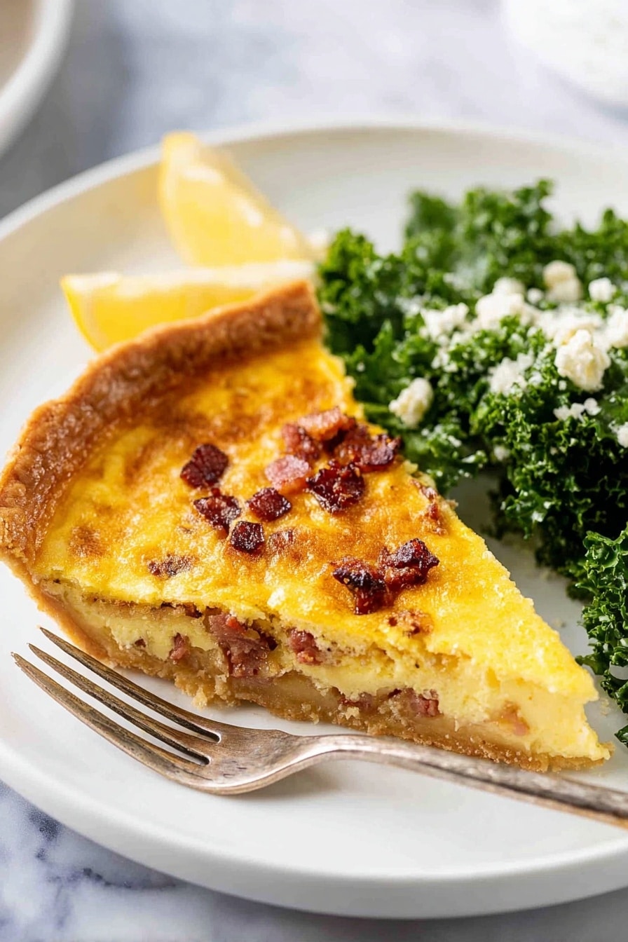 Quiche Lorraine, French quiche recipes, savory brunch ideas, bacon and cheese quiche, classic French dishes - The image shows a slice of quiche on a white plate with a white marbled background. The quiche has a light golden, flaky crust with a slightly browned, creamy yellow filling dotted with small pieces of ham and melted cheese on top. Next to the quiche, there is a small pile of fresh, dark green kale salad with white cheese crumbles and a lemon wedge placed on top. A fork held by a woman's hand is lifting a piece of the quiche from the slice. Photo taken with an iphone --ar 2:3 --v 7