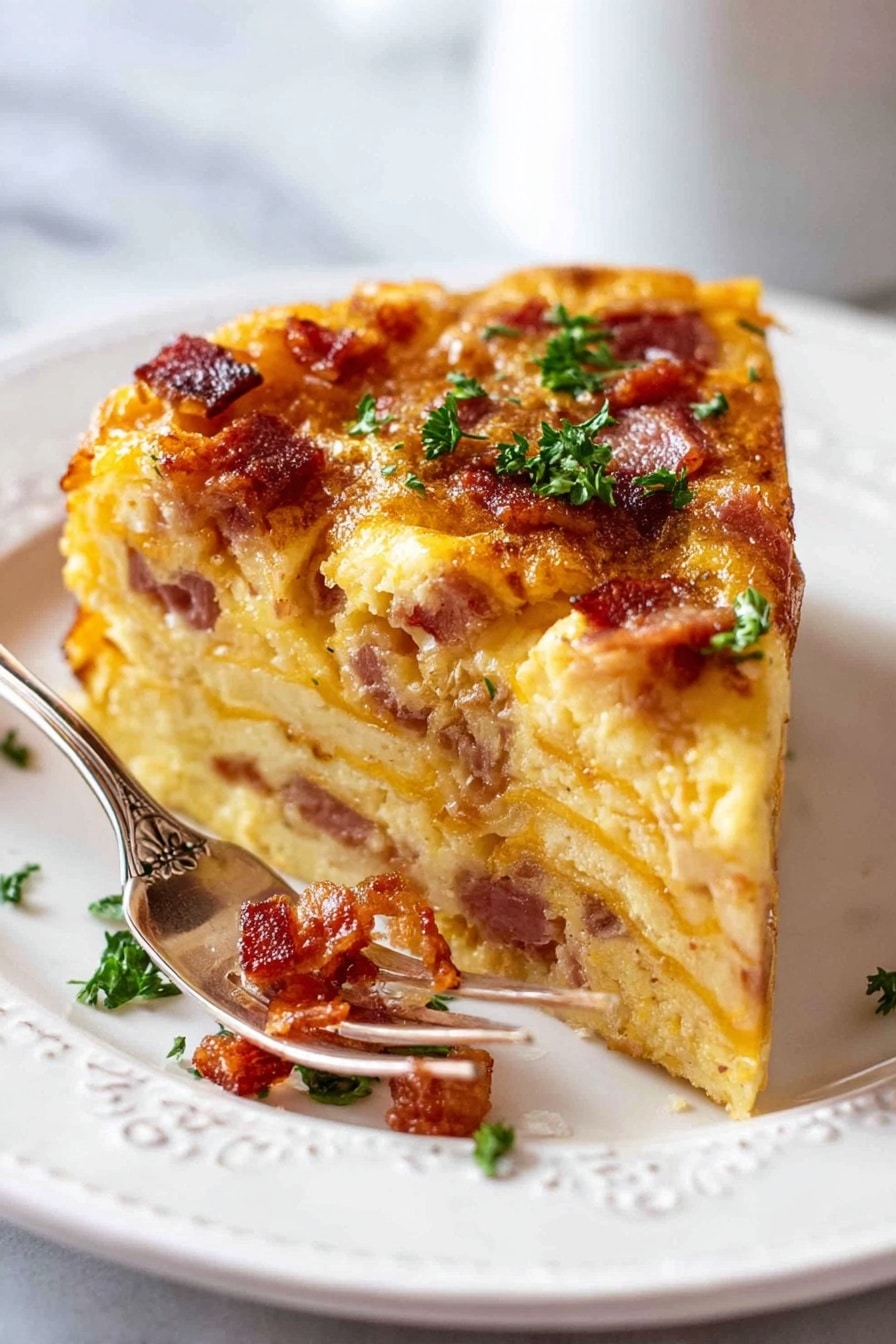 Cheese & Bacon Breakfast Strata Cake, breakfast casserole, bacon breakfast bake, cheesy brunch dish, easy breakfast ideas - A thick round savory bread or cake with about three visible layers of soft, yellowish interior mixed with bits of cooked bacon scattered throughout. The outer crust is golden brown with a slightly puffy, baked texture. The top is uneven with crispy bacon pieces and small green parsley leaves spread on the surface. It sits on a white plate on a white marbled surface, with a metal spatula partially under the bread, showing crumbs and some bacon bits near the plate edge. Photo taken with an iphone --ar 2:3 --v 7