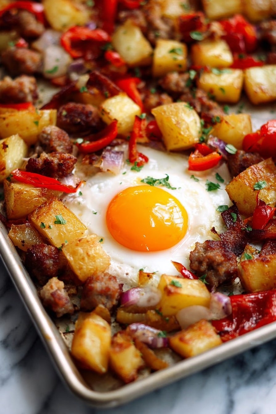 Baked Sausage Breakfast Hash, breakfast hash, easy breakfast ideas, baked breakfast recipes, hearty brunch dishes - The image shows a metal baking tray filled with a baked dish featuring a sunny-side-up egg in the center with a bright orange yolk and white surrounding it. Around the egg, there is a mix of diced golden-brown potatoes, browned sausage pieces, red bell pepper chunks, and small bits of red onion, all cooked with a slight crisp on the edges. The ingredients are scattered evenly in a ring around the egg, with some small green herb sprinkles on top, adding a fresh look. The dish sits on a white marbled surface. Photo taken with an iphone --ar 2:3 --v 7