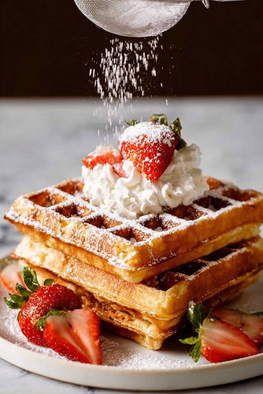 Really Great Waffles, easy waffle recipe, homemade waffles, crispy golden waffles, brunch waffle ideas - The image shows a stack of four golden-brown waffles with a grid pattern, arranged closely together on a white marbled surface. Bright red strawberries, some whole with green leaves and some sliced, are scattered between and on top of the waffles, adding vibrant color. In the lower part of the scene, there is a small white bowl filled with fluffy white whipped cream next to a white jug containing dark maple syrup. The textures of the waffles are crispy and slightly uneven, while the strawberries appear fresh and juicy. Photo taken with an iphone --ar 2:3 --v 7