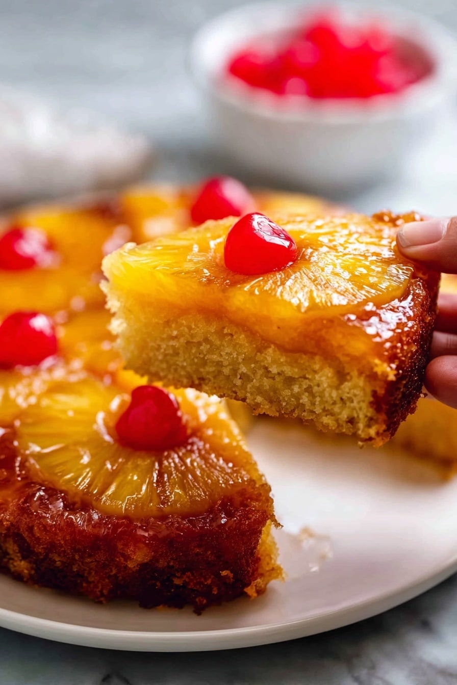 Pineapple Upside Down Cake, pineapple upside down cake recipe, tropical cake, caramelized pineapple cake, easy pineapple cake - The image shows a close-up of a pineapple upside-down cake on a white plate, placed on a white marbled surface. The cake has a golden-brown base layer with a slightly crispy texture. On top, there are two layers of bright yellow pineapple rings arranged in a circular pattern; the outer layer has several half rings, while the center has a whole pineapple ring. Each pineapple ring is glossy and shiny. Red cherries are placed in the center of every pineapple ring and scattered evenly between the rings, giving a vibrant contrast to the yellow pineapples. The fruits look juicy and fresh, creating a colorful and inviting look. Photo taken with an iphone --ar 2:3 --v 7