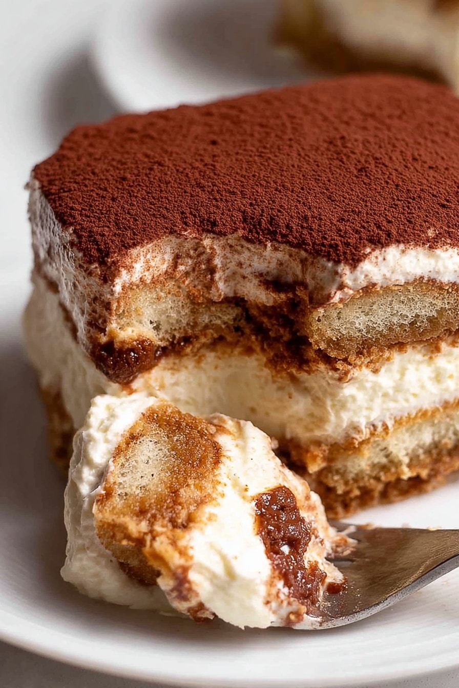 Easy Tiramisu Tiramisu Dessert Classic Italian Dessert Coffee-soaked Tiramisu - A close-up of a slice of tiramisu on a white plate with a white marbled background, showing three layers: a light brown coffee-soaked cake layer at the bottom, a thick creamy white mascarpone cheese layer in the middle, and a smooth layer of dark brown cocoa powder dusted on top. The slice is partially cut and lifted on a fork, revealing the soft, moist texture of the cake and creamy layers inside. The lighting highlights the contrast between the rich brown and creamy white layers, making the dessert look fresh and inviting. Photo taken with an iphone --ar 2:3 --v 7