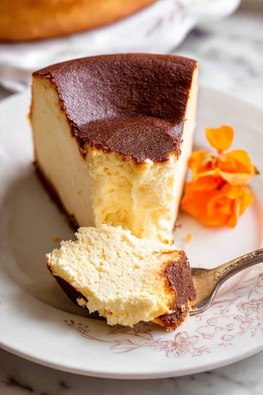 Basque Cheesecake, Basque Cheesecake Recipe, Burnt Cheesecake, Rustic Cheesecake, Creamy Baked Cheesecake - The image shows a thick slice of cheesecake with two main layers: a light yellow, creamy inside with a smooth texture, and a dark brown, slightly burnt top layer that looks thin but firm. The edges of the cheesecake slice have a slightly uneven, cooked look, darker than the inside. The cheesecake is placed on white parchment paper, set on a surface with a white marbled texture. Around the cheesecake are soft peach-colored flowers, adding a gentle touch of color to the scene. In the background, another slice of cheesecake is slightly out of focus. photo taken with an iphone --ar 2:3 --v 7
