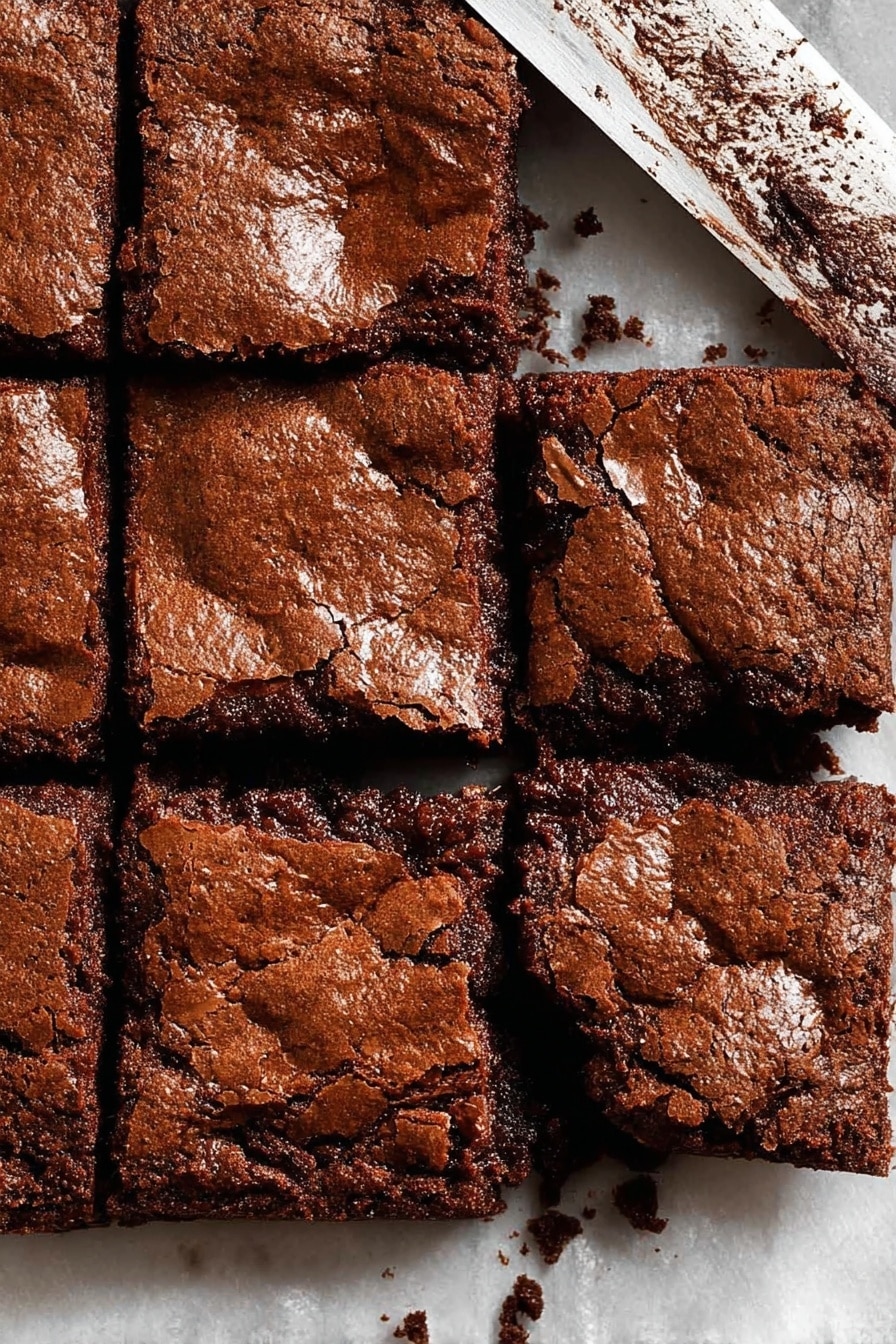 Easy Chocolate Brownies, fudgy brownies, chocolate brownie recipe, quick brownie ideas, homemade chocolate desserts - A close-up image of nine square pieces of rich, dark brown brownies arranged in a 3x3 grid on white marbled paper. The brownies have a slightly cracked shiny top layer with a textured, moist, and dense dark chocolate inside visible where one piece is slightly separated. At the top of the image, a long knife with chocolate crumbs on the blade rests on the white marbled surface. The whole scene looks warm and inviting. photo taken with an iphone --ar 2:3 --v 7