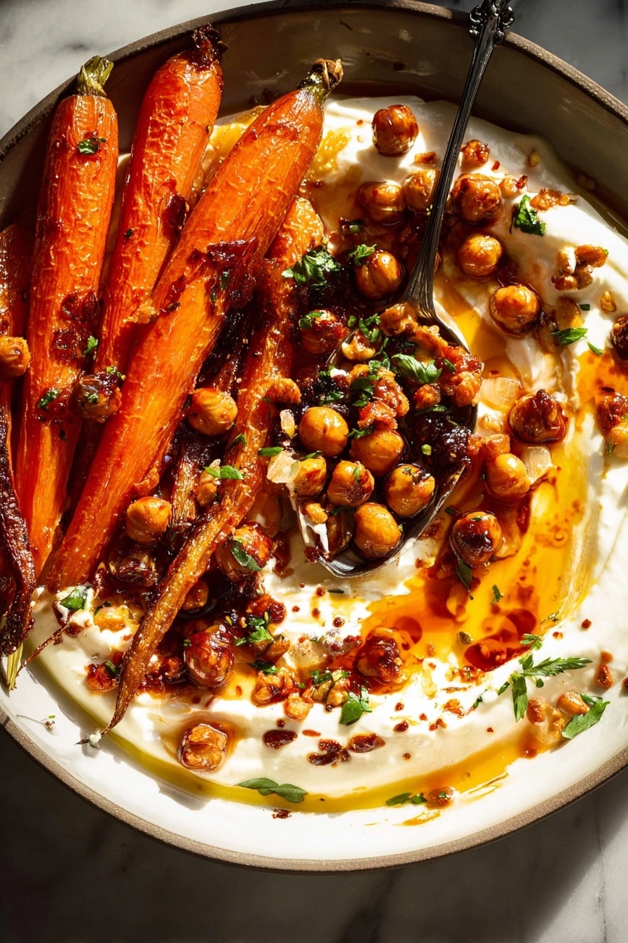 Spicy Maple Roasted Carrots with Crispy Chickpeas and Yogurt Sauce, roasted carrots with spicy maple glaze, healthy roasted vegetable dishes, chickpea appetizer recipes, flavorful veggie side dishes - The image shows a dish with bright orange roasted carrots arranged on the left side, their skins glistening with a slight char. Below and around the carrots, there is a thick creamy white base with soft, melting texture, swirling with spots of deep amber-red oil. Scattered over and mixed into the cream are roasted brown chickpeas, adding a rough texture and small round shapes. A silver spoon dips into the cream, holding some chickpeas and the creamy mixture, showing the layers of thick cream with oil pooling on top. Small green herb pieces are sprinkled across the dish. The dish sits on a white marbled surface with soft natural light highlighting the shiny, rich textures photo taken with an iphone --ar 2:3 --v 7