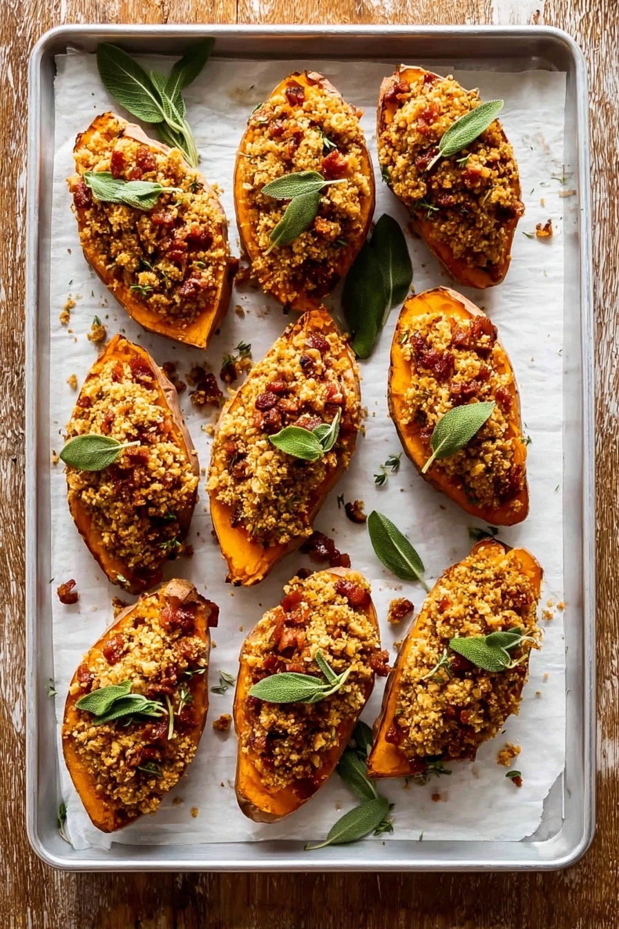 Holiday Stuffed Sweet Potato, holiday sweet potato casserole, festive sweet potato recipes, cozy holiday side dish, easy holiday sweet potato - The image shows eight stuffed sweet potato halves arranged on a baking sheet lined with white parchment paper. Each sweet potato half has a soft, orange base visible near the edges and is topped with a golden brown crumb layer that looks crunchy and textured, with small chunks of reddish-brown pieces mixed in. Scattered fresh green sage leaves are placed between and on top of the sweet potatoes, adding a pop of color and freshness. The baking sheet rests on a wooden surface, but the background is replaced with a white marbled texture. photo taken with an iphone --ar 2:3 --v 7