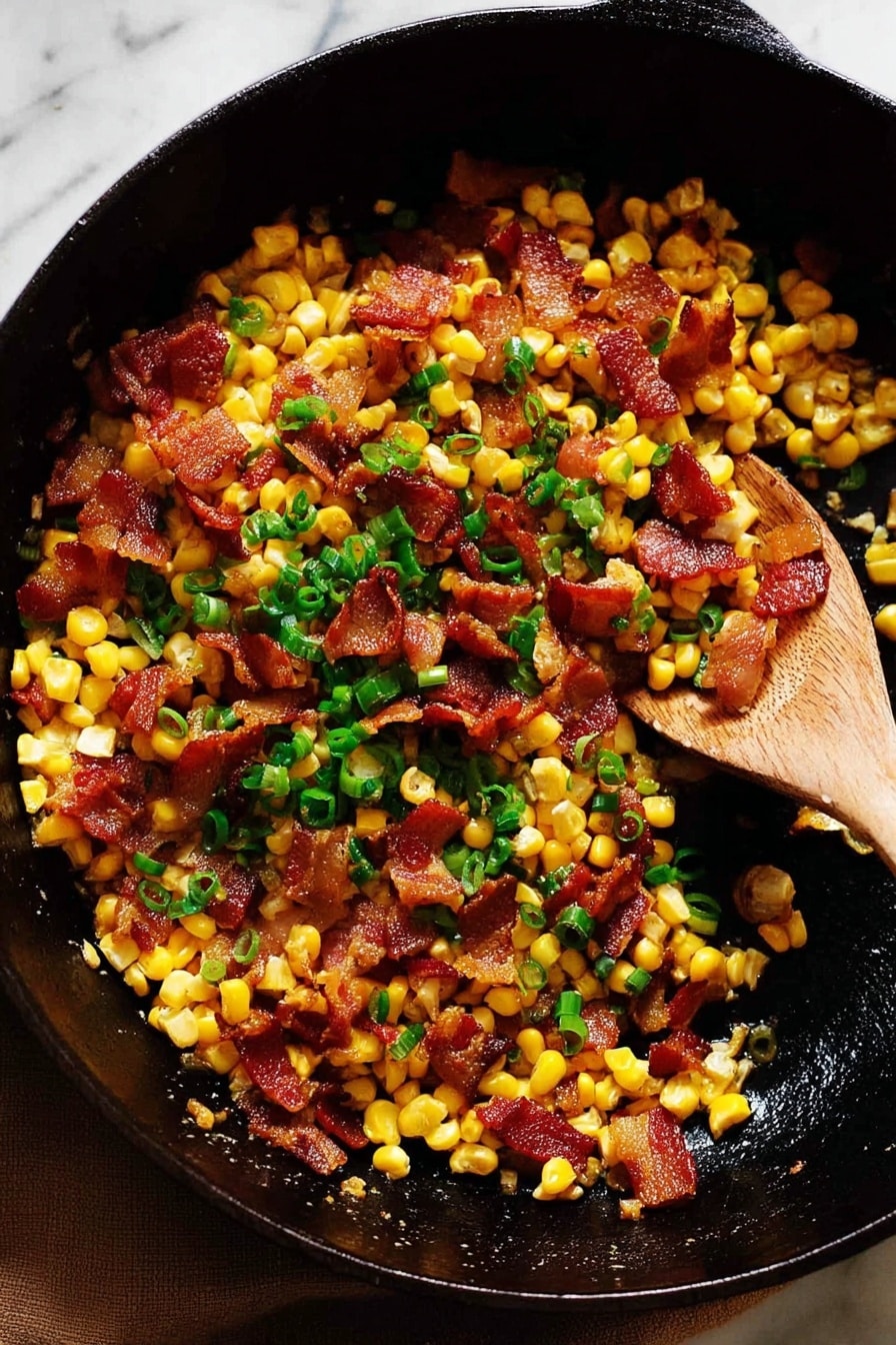 Miso Butter Corn with Bacon and Green Onion, flavorful corn side dish, easy corn recipes, savory butter corn, bacon corn side dish - A bowl with three main layers: at the bottom, there is a mix of grilled corn kernels and small pieces of crispy bacon, showing yellow and reddish-brown colors with green chopped herbs scattered on top. On one side of the bowl, several bright red roasted cherry tomatoes add a juicy texture. Next to these, some small cubes of green avocado create a fresh contrast. A sunny-side-up egg with a soft white edge and a bright orange yolk sits on top near the avocado, sprinkled with black pepper flakes. The bowl is lined on one side with three lightly toasted, folded white tortillas, showing charred spots. The bowl is placed on a large white plate, all placed on white marbled texture, with a spoon resting inside the bowl. Photo taken with an iphone --ar 2:3 --v 7