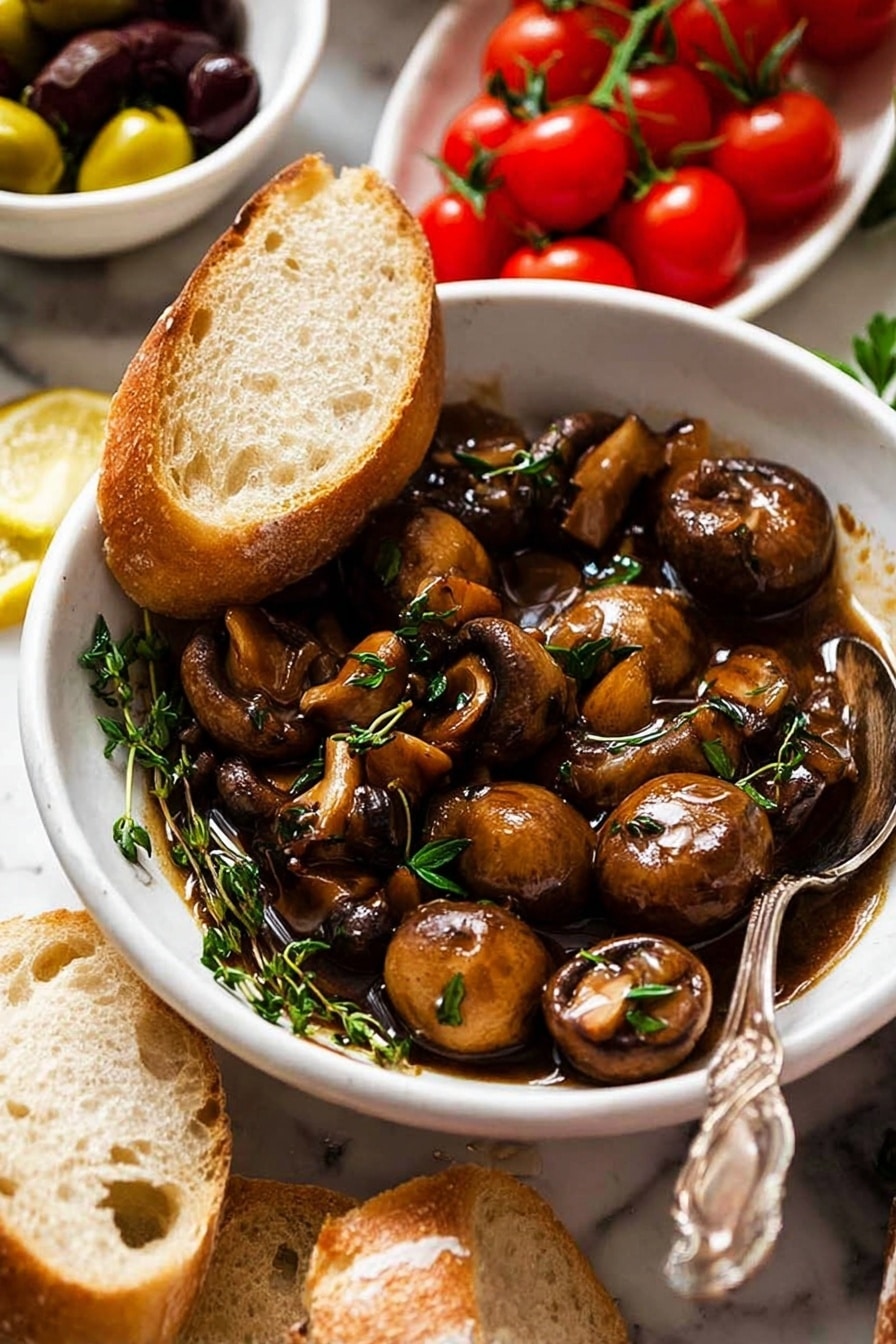 Balsamic Marinated Mushrooms, mushroom marinade, flavorful mushroom recipes, easy mushroom side dish, marinated mushroom appetizer - A white bowl filled with whole cooked mushrooms in a dark sauce, garnished with fresh green herb sprigs, mostly thyme, scattered across the mushrooms. A piece of light brown rustic bread rests inside the bowl on one side, partially soaking in the sauce. An ornate silver spoon is dipped into the mushrooms with its handle leaning outward. The bowl is placed on a white marbled surface, surrounded by pieces of rustic bread at the bottom, a bunch of bright red cherry tomatoes on the vine to the upper right on the white marbled surface, and a white bowl of dark olives with lemon peels blurred in the upper left background. photo taken with an iphone --ar 2:3 --v 7