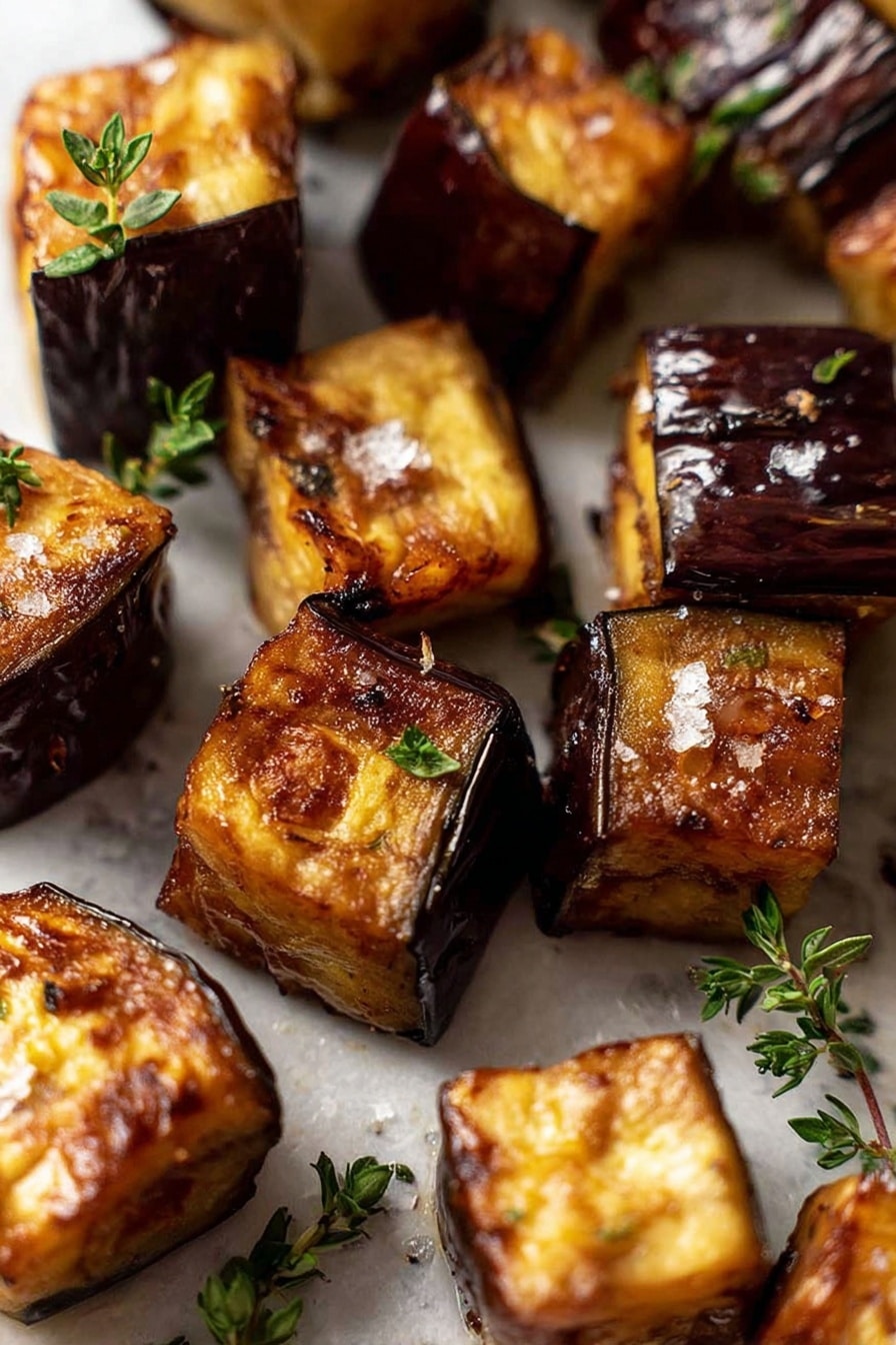 Oven Roasted Eggplant, roasted eggplant, aubergine preparation, healthy eggplant side dish, eggplant recipe - The image shows several small pieces of grilled eggplant with a crispy, brown outer layer and a soft, creamy light yellow inside. Each piece has clear grill marks and is slightly shiny from oil. A woman's hand holding a fork is lifting one piece, focusing on the texture of the eggplant, with small green herb leaves on top. The eggplants are arranged closely on a white marbled surface, with some charred bits and scattered herbs adding detail. The background is softly blurred to highlight the grilled eggplants in the foreground, photo taken with an iphone --ar 2:3 --v 7