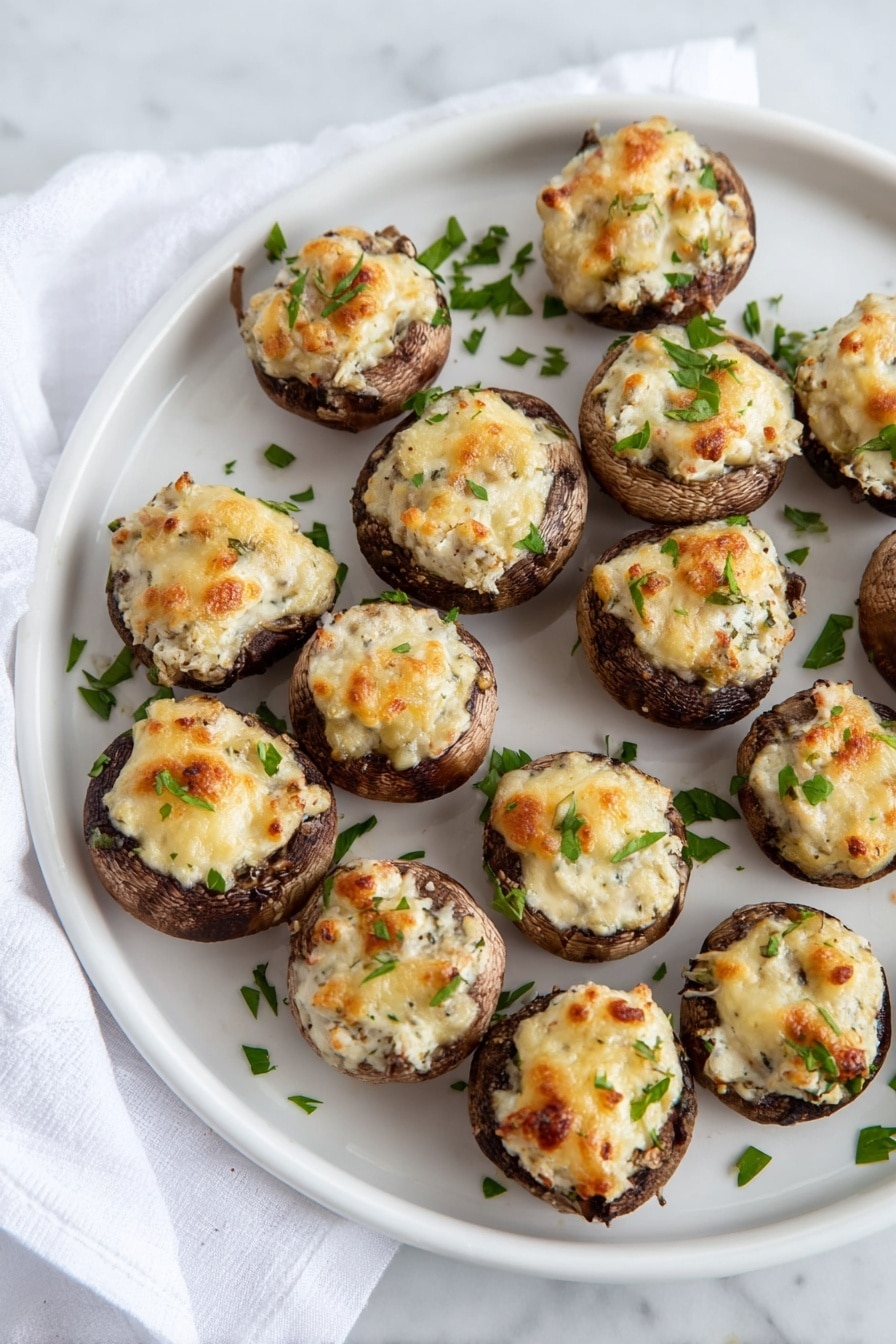 Artichoke Stuffed Mushrooms, stuffed mushroom appetizer, savory mushroom recipes, easy party appetizers, creamy mushroom stuffing - Three stuffed mushrooms are placed on a white plate with a plain white marbled background. Each mushroom has a brown textured base with a slightly wrinkled cap. On top, there is a creamy white filling with a slightly golden, lightly browned top, showing some soft melting texture. Small green parsley leaves are sprinkled on the filling for a fresh touch. The plate is clean and simple, focusing fully on the mushrooms. Photo taken with an iphone --ar 2:3 --v 7