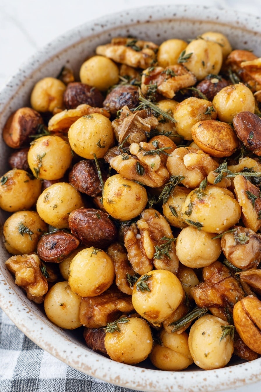 Savory Herb-Crusted Nuts, savory nut snack, herb-coated nuts recipe, seasoned nuts with herbs, flavorful nut mix - The image shows a close-up of a metal baking tray filled with a mixture of nuts. The nuts include whole macadamia nuts, cashews, and walnut halves. The nuts have a light to medium golden brown color, some with a slightly glossy texture that makes them look roasted or cooked with oil or glaze. Small green herb leaves, possibly rosemary, are scattered among the nuts, adding a touch of green color. The background is a white marbled surface. Photo taken with an iphone --ar 2:3 --v 7