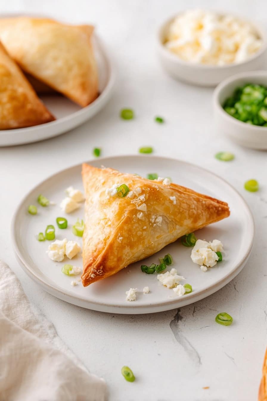 Cheese Pockets, savory cheese snacks, easy appetizer ideas, flaky pastry bites, feta and green onion pastries - A single golden brown triangular pastry sits in the center of a small white plate. The pastry's upper layer is flaky and crisp, showing slight texture and browning. Around the pastry on the plate are small pieces of white crumbly cheese and scattered slices of bright green spring onion. The background features a white marbled surface with a few more scattered cheese crumbles and green onion slices. Nearby, a small white bowl filled with chopped green onions and another white bowl full of crumbly cheese are partially visible. A white plate with three more triangular pastries is in the upper left corner, and a woman's hand holding one of the pastries is just out of frame. The scene is softly lit, giving a fresh and clean look. photo taken with an iphone --ar 2:3 --v 7