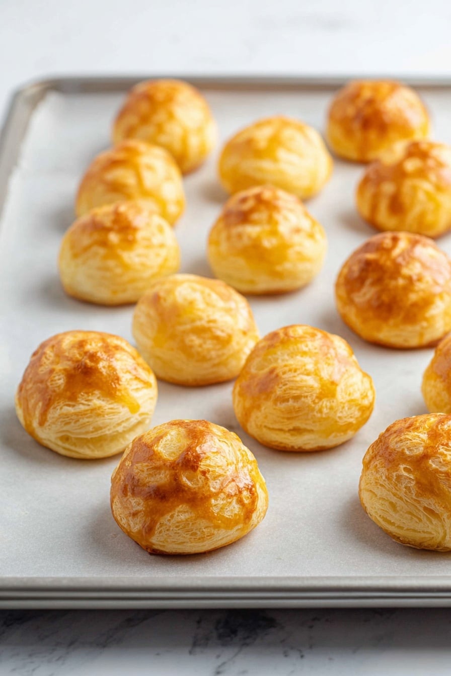 Slow Cooker Candied Kielbasa, kielbasa appetizer, easy slow cooker recipes, party finger foods, savory sweet sausage dish - The image shows a baking tray filled with twelve small round golden-brown puff pastries. Each pastry is glossy on top with a textured surface showing light and darker brown patches, indicating they are freshly baked and crisp. They are evenly spaced on a sheet of parchment paper covering the tray. The background below the tray is a smooth white marbled texture. photo taken with an iphone --ar 2:3 --v 7