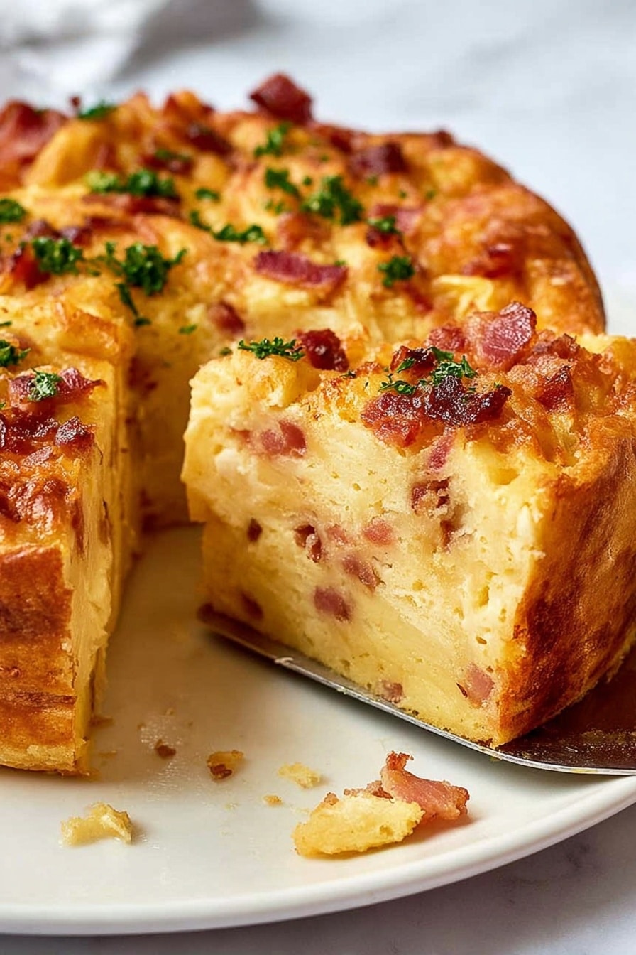 Cheese & Bacon Breakfast Strata Cake, breakfast casserole, bacon breakfast bake, cheesy brunch dish, easy breakfast ideas - A thick slice of savory casserole sits on a white plate with delicate embossed edges, showing four visible layers of soft, golden yellow egg mixture alternated with thin layers of reddish brown cooked bacon inside. The top layer is browned and bubbly melted cheese with crispy bacon bits and small green parsley leaves sprinkled across it. A silver fork with an ornate pattern rests beside the slice, holding a small piece of bacon and parsley. The plate is set on a white marbled surface. Photo taken with an iphone --ar 2:3 --v 7