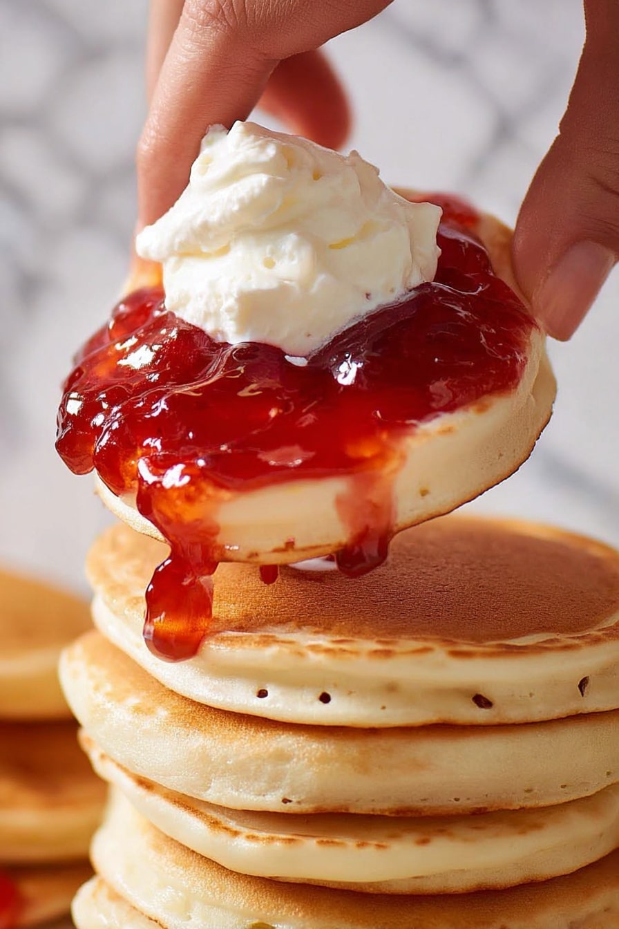 How to Make Fluffy Pikelets with Strawberry Jam and Whipped Cream, fluffy pikelets with strawberry jam, easy pikelet recipe, soft pikelets with toppings, quick breakfast pikelets - A white plate holds several stacks of small, golden-brown pancakes with smooth and slightly fluffy textures. Each stack has two to three pancakes layered evenly. On top of some stacks, there is a bright red jam layer, glossy and slightly dripping at the edges, topped with a dollop of white cream that looks soft and whipped. Around the plate, light pink flowers add a gentle touch, and in the background on a white marbled surface, there is a white pitcher and a glass jar with a dark sauce inside. photo taken with an iphone --ar 2:3 --v 7