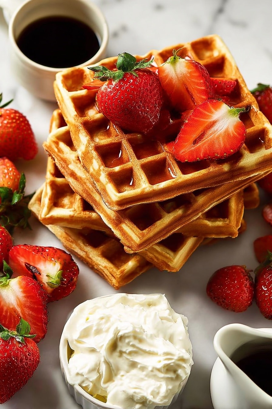 Really Great Waffles, easy waffle recipe, homemade waffles, crispy golden waffles, brunch waffle ideas - A stack of three golden-brown waffles is placed on a white plate. The top waffle has a small square of yellow butter melting in the middle, with amber syrup being poured over it from a white pitcher above. A fresh red strawberry with green leaves rests next to the butter. The waffles have a crispy grid texture, and syrup drips down the sides onto the plate. There is a dollop of whipped cream with a green mint leaf on the side. The whole setup is on a white marbled surface. Photo taken with an iphone --ar 2:3 --v 7