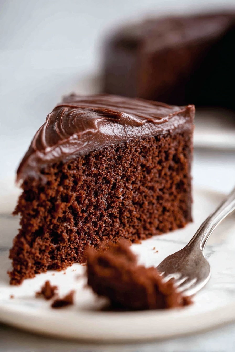 Easy Chocolate Fudge Cake, chocolate fudge cake, rich chocolate dessert, simple chocolate cake, indulgent chocolate treat - A round chocolate cake with one slice lifted on a white cake server, revealing its dense, dark brown layer underneath. The cake has one thick layer covered in smooth, shiny, and slightly swirled dark chocolate frosting on top and the sides. The cake sits on a white plate with some crumbs and frosting smudges around the empty space where the slice was taken from. The background is a white marbled texture. photo taken with an iphone --ar 2:3 --v 7
