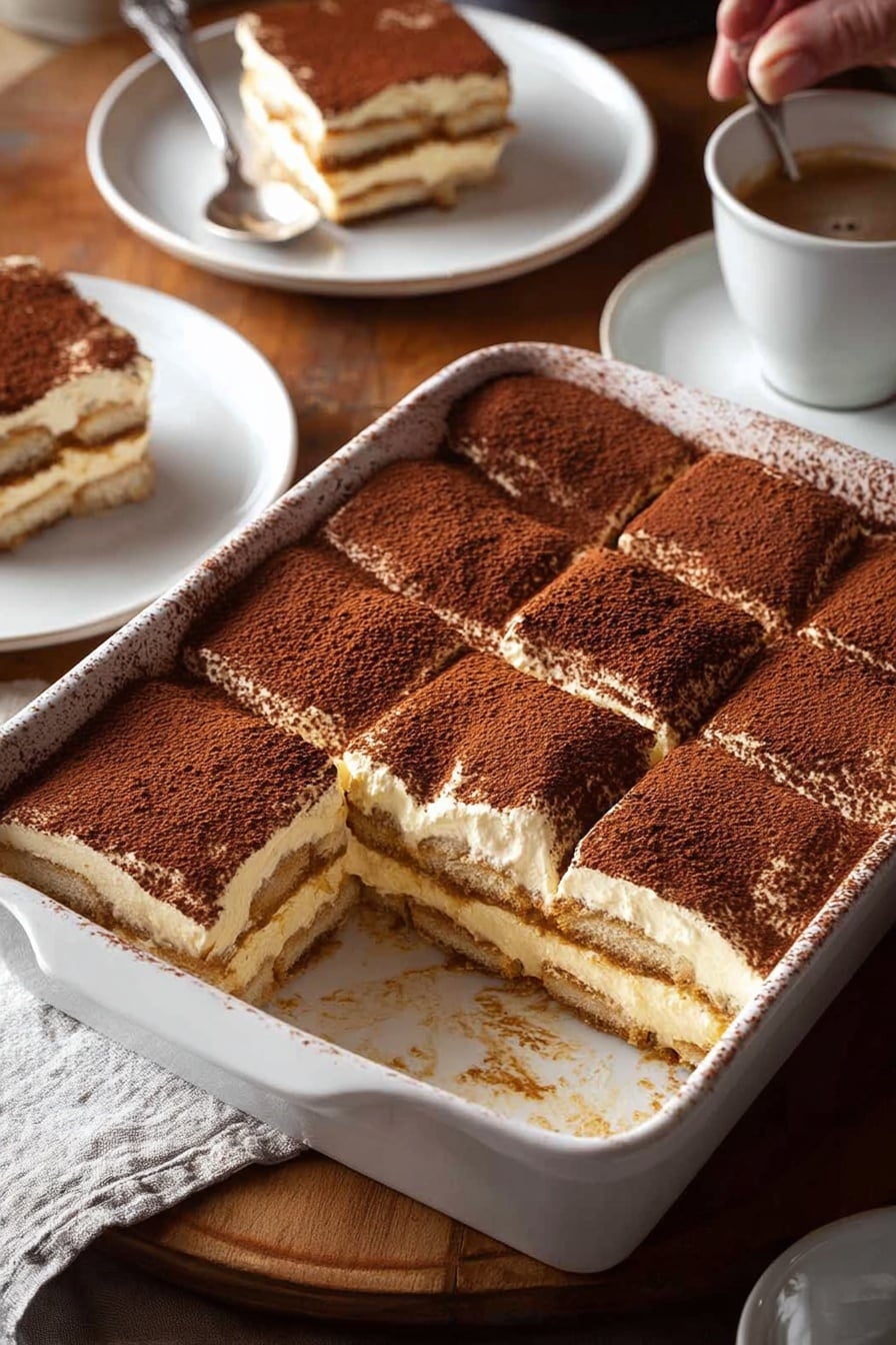 Easy Tiramisu Tiramisu Dessert Classic Italian Dessert Coffee-soaked Tiramisu - The image shows a white rectangular baking dish with seven squares of tiramisu, with one square taken out from the bottom right corner, exposing the layered dessert inside. The dessert has three visible layers: a base layer of pale creamy filling, a middle layer of soaked cake or biscuit with a light brown color, and a top layer of smooth creamy filling dusted heavily with dark brown cocoa powder. In the background, two white round plates each hold a square piece of tiramisu, and a woman's hand is holding a spoon near one plate. The setting is on a wooden table with a cup of coffee on a saucer nearby. The scene is lit softly, highlighting the creamy and powdery textures of the tiramisu. photo taken with an iphone --ar 2:3 --v 7