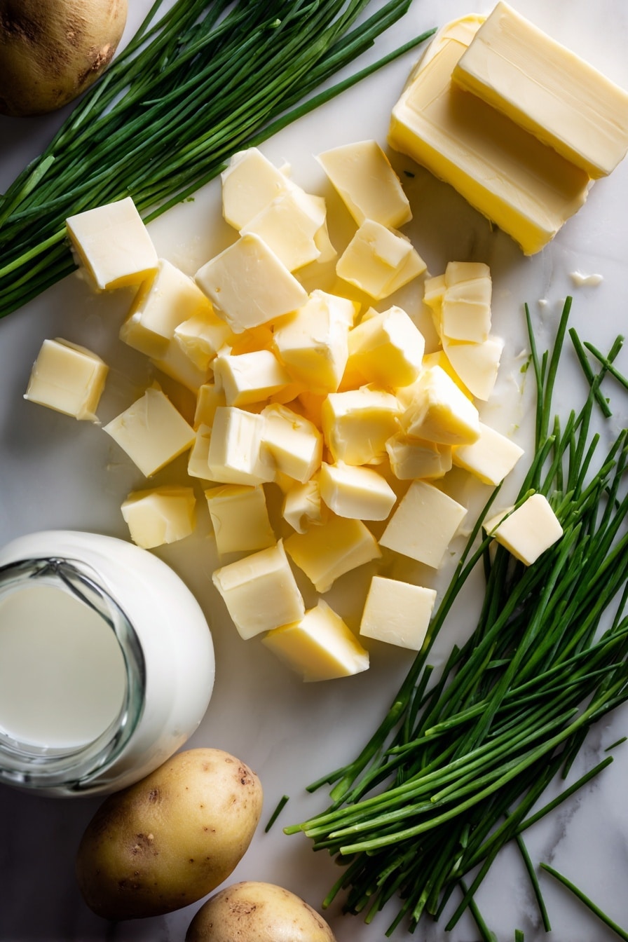 Creamy Mashed Potatoes, mashed potatoes, easy comfort side dish, buttery mashed potatoes, fluffy mashed potatoes - Flat lay of peeled Russet potatoes cut into chunky cubes with their pale yellow flesh visible, smooth blocks of unsalted butter in soft golden tones, a small glass jug of warm creamy milk with a silky texture, and a bunch of fresh vibrant green chives sliced thinly showing their delicate tubular structure, all naturally scattered and gently overlapping with some whole and halved potatoes for texture contrast, placed on white marbled surface, photo taken with an iphone --ar 2:3 --v 7
