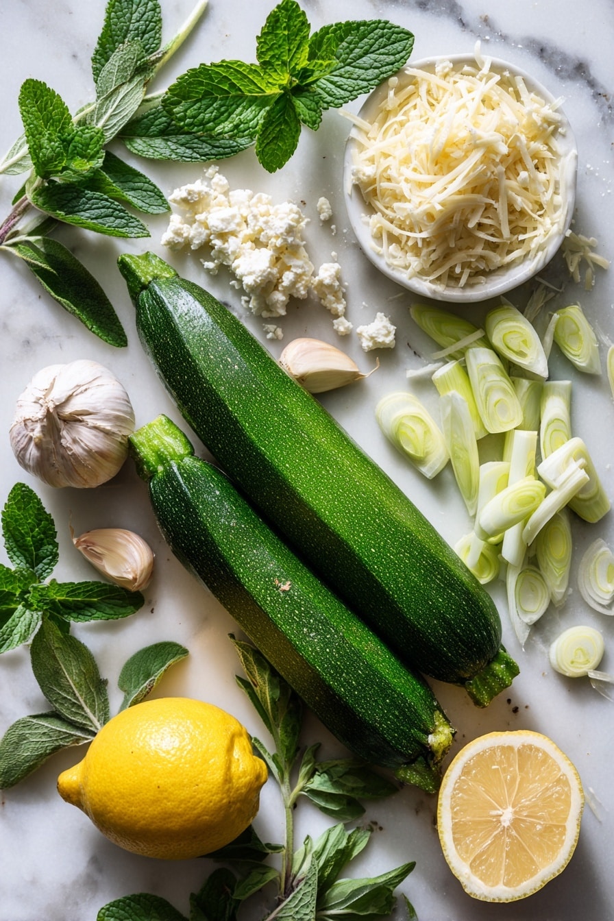 Greek Zucchini Tots, Greek Zucchini Tots recipe, zucchini appetizers, Mediterranean zucchini bites, crispy zucchini snacks - Flat lay of bright green zucchinis with their smooth skin, finely sliced pale green and white parts of fresh green onions, crumbled white feta cheese with a crumbly texture, a wedge of lemon with vibrant yellow flesh, fresh oregano leaves showing deep green oval shapes, garlic cloves with their creamy white papery skins, finely grated pale yellow parmesan cheese in delicate strands, and sprigs of fresh mint with rich green textured leaves, all naturally arranged in a loose, casual pattern placed on white marbled surface, photo taken with an iphone --ar 2:3 --v 7