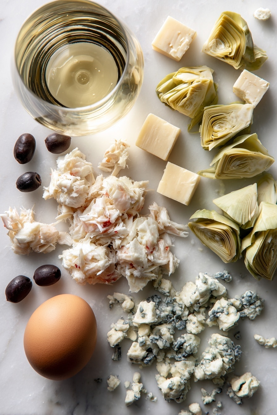 Knock-Your-Socks-Off Warm Crab Dip, crab dip appetizer, creamy crab dip recipe, crowd-pleasing seafood dip, easy warm crab dip - Flat lay of fresh lump crab meat with soft white and pink tones, creamy cubes of pale cream cheese, chopped greenish-white artichoke hearts with tender leaves, small black olives sliced thin showing glossy dark surfaces, crumbled blue cheese in off-white with blue veins, a whole smooth brown egg, and a clear glass of pale yellow dry white wine, all naturally scattered with some overlapping edges, placed on white marbled surface, photo taken with an iphone --ar 2:3 --v 7